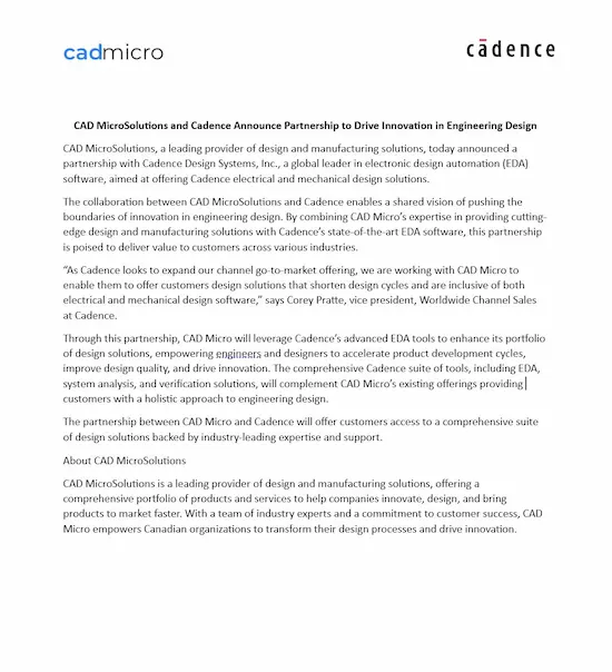 CAD Micro Cadence partnership letter