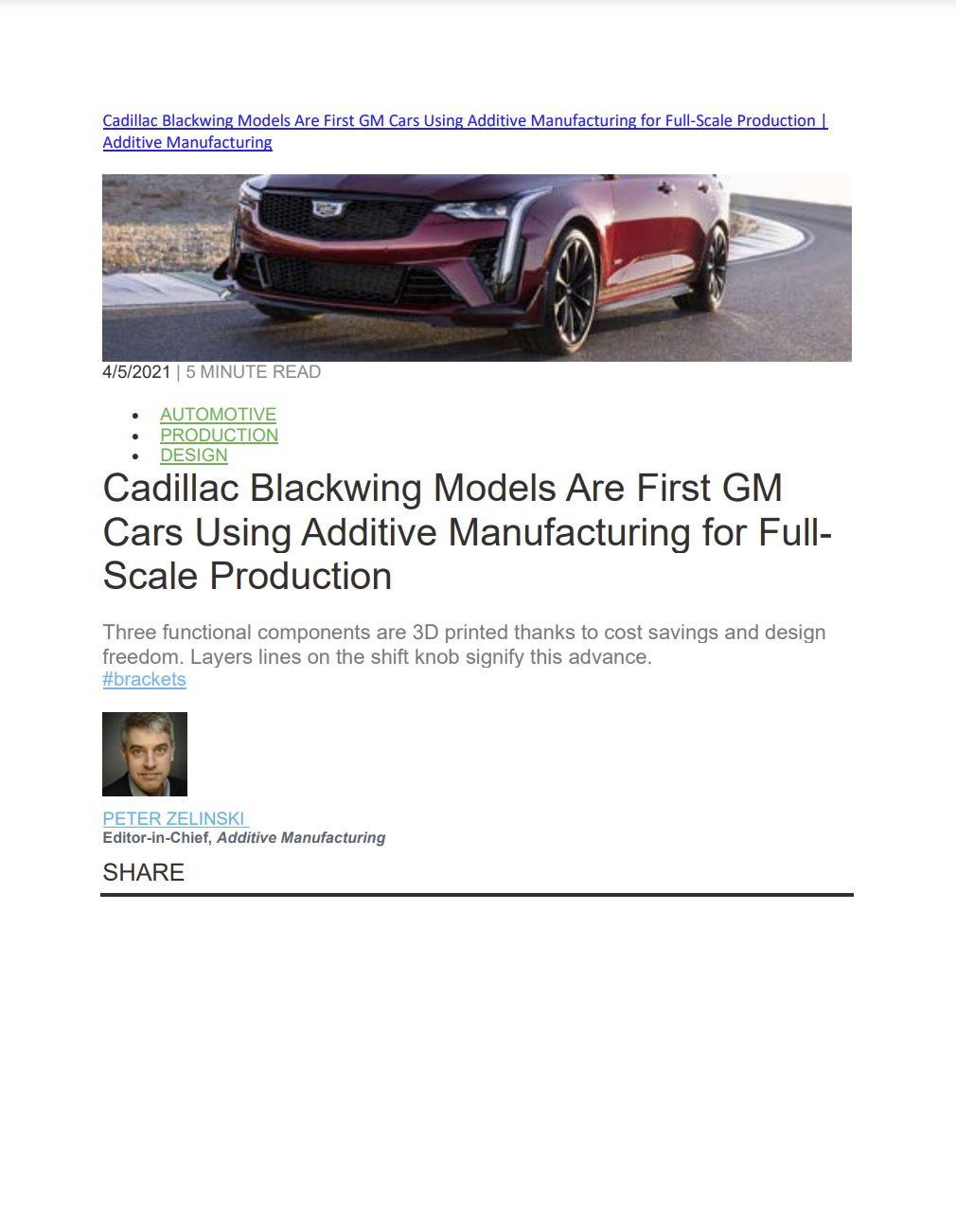Cadillac Blackwing Models are First GM Cars Using AM for Production