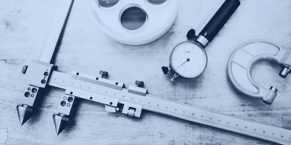 Metrology tools spread out on table