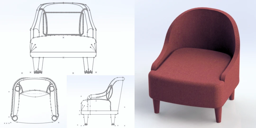 2D and 3D CAD rendering using SOLIDWORKS of an accent armchair