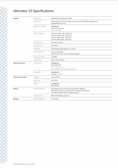 Ultimaker s3 Specification Sheet Image