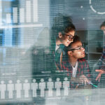 people talking with a digital background
